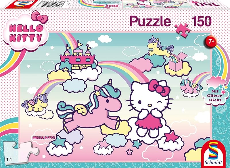 Schmidt Spiele 56408 Hello Kitty, Glitzerpuzzle, Kittys Einhorn, 150 Teile Kinderpuzzle, Bunt