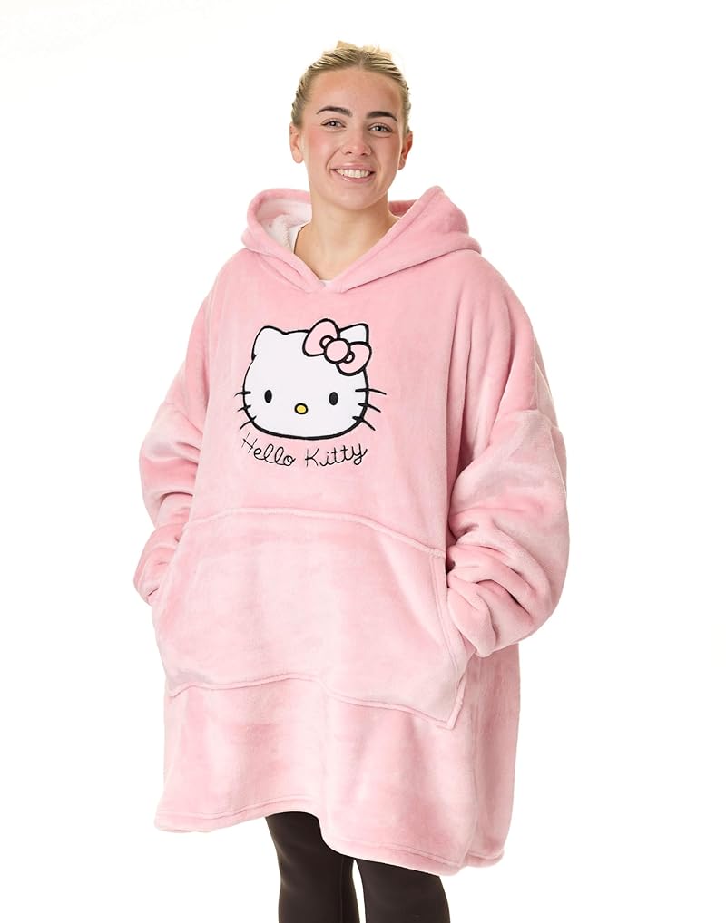 Hello Kitty Tragbarer Decken-Hoodie fur Damen | Rosa Kapuzenpullover fur Erwachsene mit Kitty White-Charakter-Grafikdruck | Einheitsgrosse, mit Sherpa gefutterte Loungewear mit Taschen